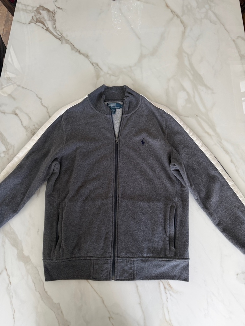 Polo by Ralph Lauren Gray Full-Zip Sweater with White Sleeve Stripe